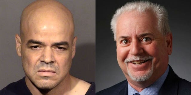 A booking photo of Robert Telles, left, and veteran Las Vegas Review-Journal reporter Jeff German. Telles, a Democratic elected official, is charged with fatally stabbing German over stories that had ruined his career and marriage, according to prosecutors.