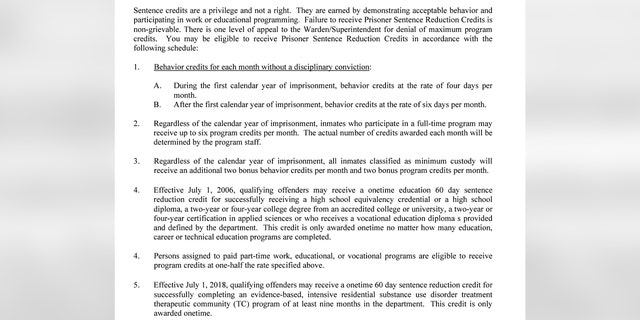 The Texas Department of Correction Inmate Rules and Regulations handbook describes the sentence-reduction credit system on Page 5.