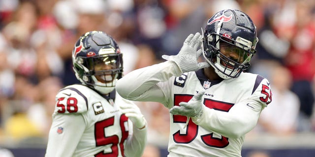 Jerry Hughes #55 of the Houston Texans reacts during the first half against the Indianapolis Colts at NRG Stadium on September 20.  November 11, 2022 in Houston, Texas.