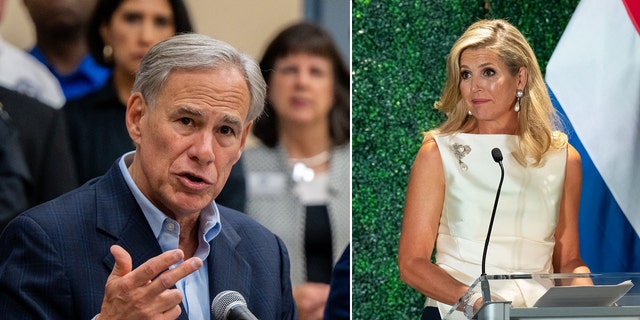 Texas Gov. Greg Abbott at a press conference, Sept. 13, 2022, in Houston, and Queen Maxima of Netherlands in Austin, Texas, on Sept. 8, 2022.