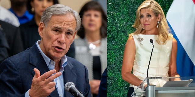 Texas Gov. Greg Abbott at a press conference, Sept. 13, 2022, in Houston, and Queen Maxima of Netherlands in Austin, Texas, on Sept. 8, 2022.