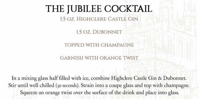 The jubilee cocktail includes gin, Dubonnet, champagne and an orange twist.