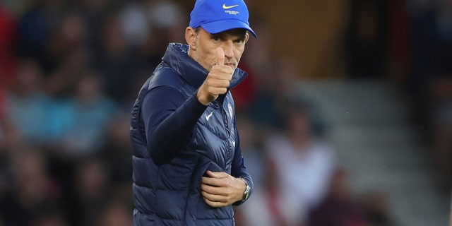 Chelsea's head coach Thomas Tuchel reacts during the English Premier League soccer match between Southampton and Chelsea at St Mary's Stadium, Southampton, England, Tuesday, Aug. 30, 2022. 