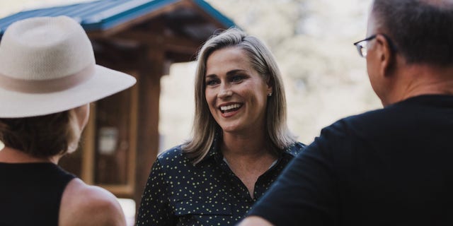 Washington state Republican Senate nominee Tiffany Smiley meets with voters in Kirkland, Washington, on July 22, 2022.