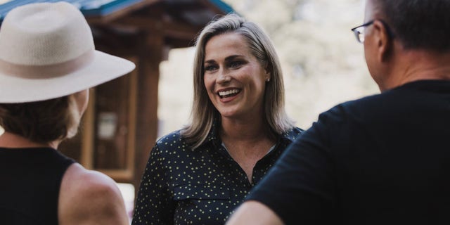 Washington state Republican Senate nominee Tiffany Smiley meets with voters in Kirkland, Washington, on July 22, 2022.