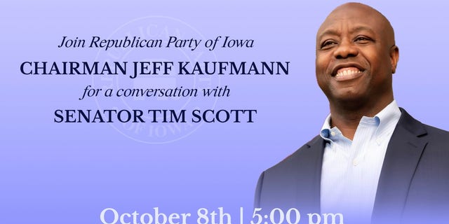 An invitation to an Iowa Republican Party event at the Sioux Center on October 1.  8 to be led by Republican Senator Tim Scott of South Carolina