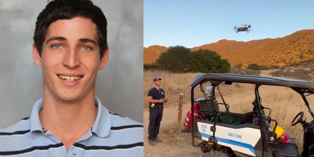 A photo combination of hiker Tim Sgrignoli (left) and authorities searching for him in the Santa Barbara mountains where his body was later found.