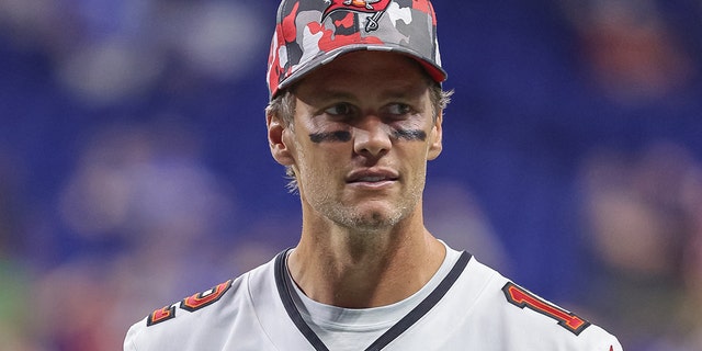 Tom Brady of Tampa Bay Buccaneers after the preseason game against the Colts at Lucas Oil Stadium on Aug. 27, 2022, in Indianapolis, Indiana.