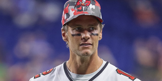 Tom Brady of Tampa Bay Buccaneers after the preseason game against the Colts at Lucas Oil Stadium on Aug. 27, 2022, in Indianapolis, Indiana.