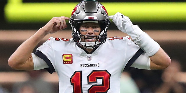 The Tampa Bay Buccaneers quarterback, #12, signals to his teammates during the Buccaneers-New Orleans Saints regular season game on September 18, 2022 at the Caesars Superdome in New Orleans.