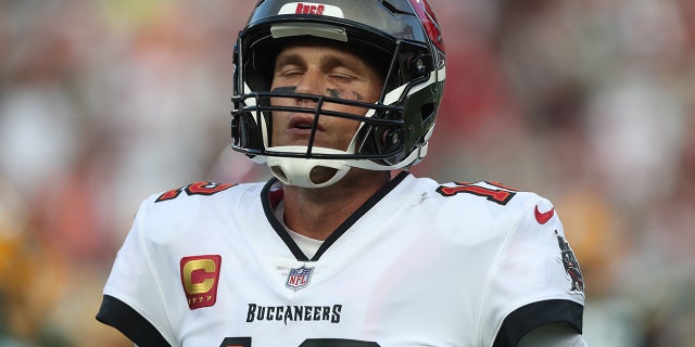 Tampa Bay Buccaneers quarterback Tom Brady (12) reacts to the results of a play during the regular season game between the Green Bay Packers and the Tampa Bay Buccaneers on September 25, 2022 at Raymond James Stadium in Tampa, Florida.