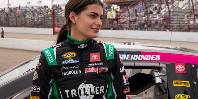 Toni Breidinger, driver of the #25 Toyota Camry car for Venturini Motorsports, gets ready to race in the ARCA Menards Series Calypso Lemonade 200 at Winchester Speedway on July 31, 2021, in Winchester, Indiana.