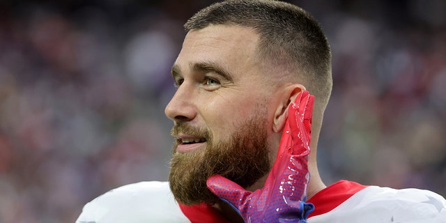 Travis Kelce, #87 of the Kansas City Chiefs and AFC, is interviewed on a sideline during the 2022 NFL Pro Bowl against the NFC at Allegiant Stadium on Feb. 06, 2022 in Las Vegas.