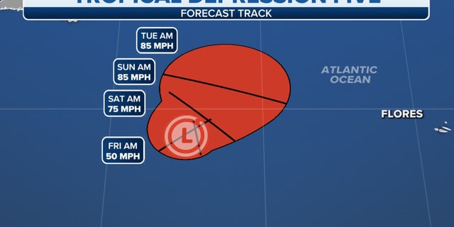 The forecast track for Tropical Depression Five