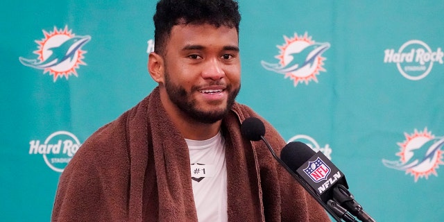 Miami Dolphins quarterback Tua Tagovailoa talks during a postgame news conference after a victory over the Buffalo Bills in Miami Gardens, Florida, on Sept. 25, 2022.