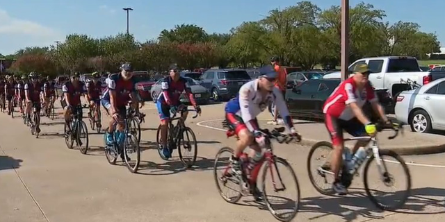 The group of bikers is part of the Texas Brotherhood Riders, whose mission is to never forget their comrades who died in the line of duty. 