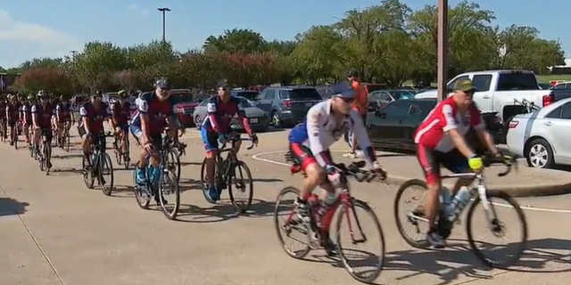 The group of bikers is part of the Texas Brotherhood Riders, whose mission is to never forget their comrades who died in the line of duty. 