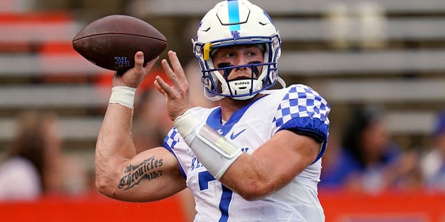Kentucky quarterback Will Levis warms up before an NCAA college football game against Florida, Saturday, Sept. 10, 2022, in Gainesville, Fla.