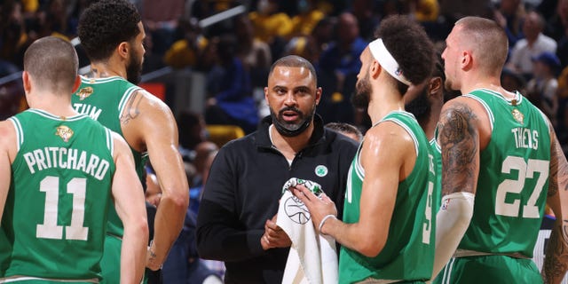 Boston Celtics head coach Ime Udoka talks to Jayson Tatum, #0, Payton Pritchard, #11, Derrick White, #9, and Daniel Theis, #27 during Game Two of the 2022 NBA Finals on June 5, 2022 at Chase Center in San Francisco.