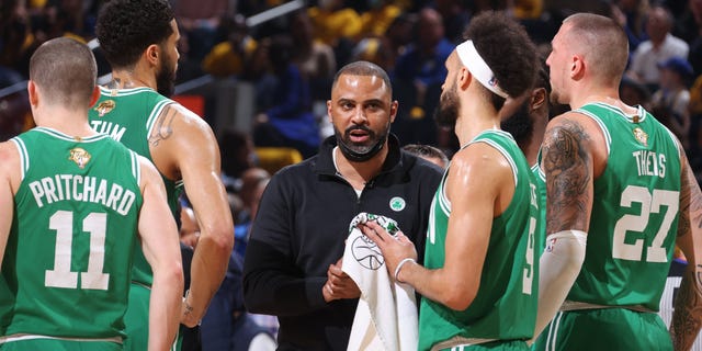 Boston Celtics head coach Ime Udoka talks to Jayson Tatum, #0, Payton Pritchard, #11, Derrick White, #9, and Daniel Theis, #27 during Game Two of the 2022 NBA Finals on June 5, 2022 at Chase Center in San Francisco.