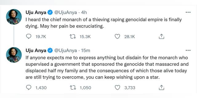 Le tweet du professeur Carnegie Mellon Uju Anya souhaite la reine Elizabeth II