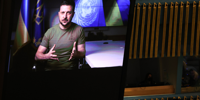 Ukrainian President Volodymyr Zelensky speaks to world leaders via a video link as they attend the 77th United Nations (UN) General Assembly which has returned in person this week for the first time in three years on September 21, 2022 in New York City. Over the course of the week leaders and diplomats will discuss the global food crisis, rising inflation and the ongoing conflict in Ukraine among other pressing world issues.