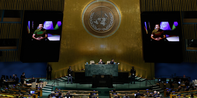 Delegates listen to a pre-recorded speech by Ukrainian President Volodymyr Zelensky during the 77th session of the United Nations General Assembly (UNGA) at U.N. headquarters on September 21, 2022, in New York City. After two years of holding the session virtually or in a hybrid format, 157 heads of state and representatives of government are expected to attend the General Assembly in person.