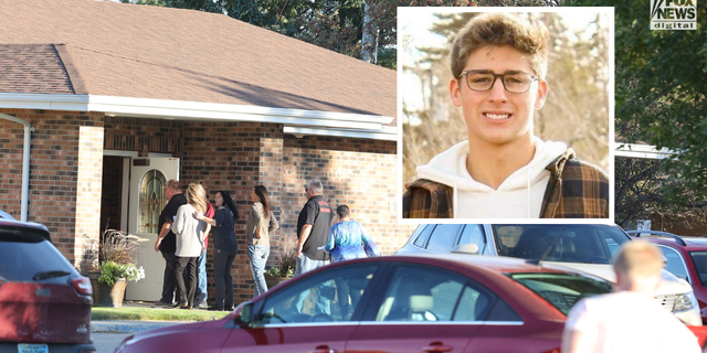 At least 100 people could be seen going into the funeral home located in Carrington on Sunday night. Family friends of the Ellingson family said that Cayler Ellingson, inset, was an "exceptional child" with a bright future ahead of him.