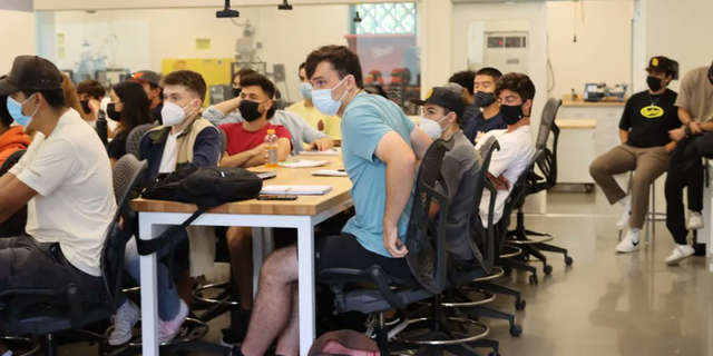 San Diego State University engineering students wearing masks.