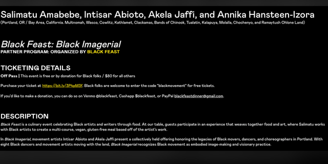 One event at a Portland art festival being hosted in Oregon boasts that it is "free or by donation for Black folks" but costs $80 for "all others" to attend.