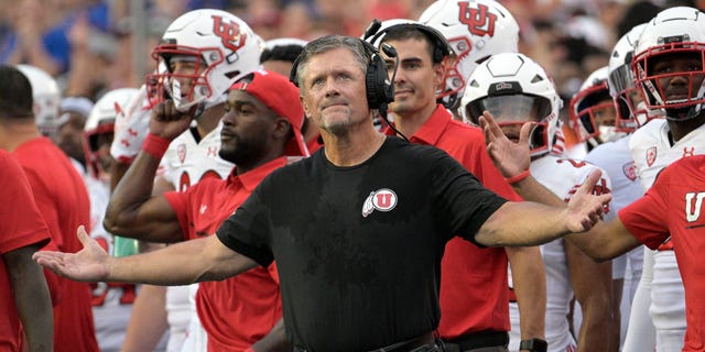 Utah coach Kyle Whittingham reacts after watching a replay on the stadium video monitor, Saturday, Sept. 3, 2022, in Gainesville, Florida.