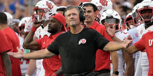 Utah coach Kyle Whittingham reacts after watching a replay on the stadium video monitor, Saturday, Sept. 3, 2022, in Gainesville, Florida.