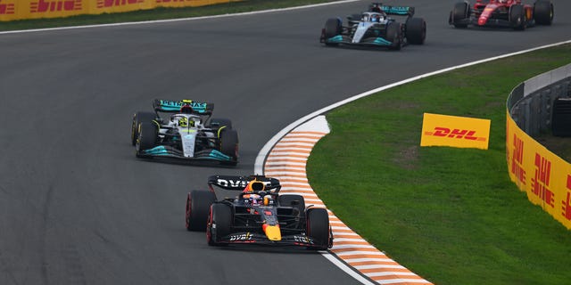 Max Verstappen leads Lewis Hamilton during the F1 Grand Prix of The Netherlands at Circuit Zandvoort on Sept. 4, 2022.