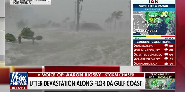 Storm chaser's camera captures storm surge in Fort Myers Beach, Florida during Hurricane Ian.