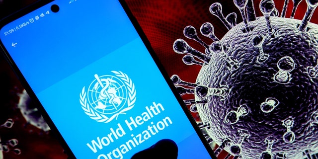 In this photo illustration, the World Health Organization (WHO) logo is seen displayed on an android mobile phone with a COVID illustration in the background. 