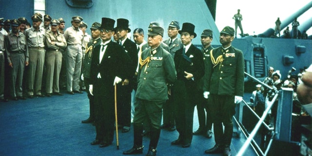 Japanese representatives aboard the aircraft carrier USS Missouri during the surrender ceremony in Tokyo Bay, Japan, September 7. 2, 1945.