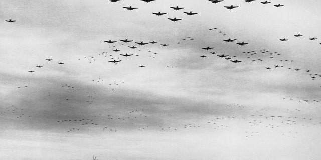 US fighter jets fly in formation over the USS Missouri in Tokyo Bay, Japan. December 2, 1945 during the ceremony at which Japan signed the terms of unconditional surrender to the Allies.