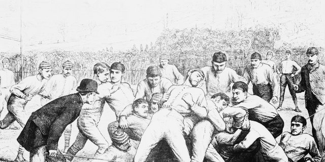 A football game between Yale and Princeton in 1879. Walter Camp was captain of the 1879 Yale football team. Drawing by A.B. Frost.