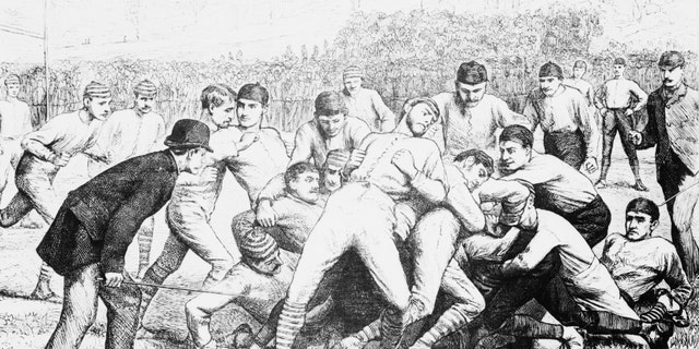 A football game between Yale and Princeton in 1879. Walter Camp was captain of the 1879 Yale football team. Drawing by A.B. Frost.