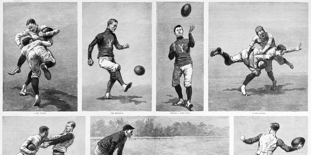 A practice game is shown in Yale Magazine; illustrations by Frederic Remington. The artist who grew to fame portraying the American west played football at Yale with Walter Camp. 