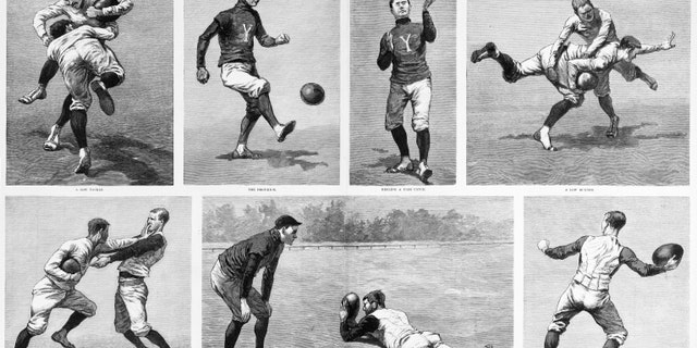 A practice game is shown in Yale Magazine; illustrations by Frederic Remington. The artist who grew to fame portraying the American west played football at Yale with Walter Camp. 