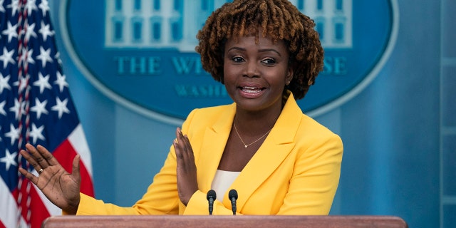 White House press secretary Karine Jean-Pierre speaks during a briefing at the White House, Tuesday, Sept. 13, 2022, in Washington. 