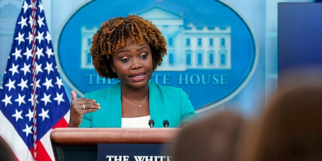 White House press secretary Karine Jean-Pierre speaks during the daily briefing at the White House in Washington.
