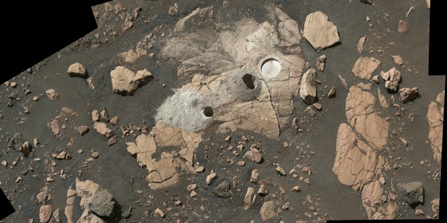 Composed of multiple images from NASA’s Perseverance Mars rover, this mosaic shows a rocky outcrop called