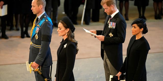Prince William, Kate, Prince Harry and Meghan stood together during a short service for Queen Elizabeth II.