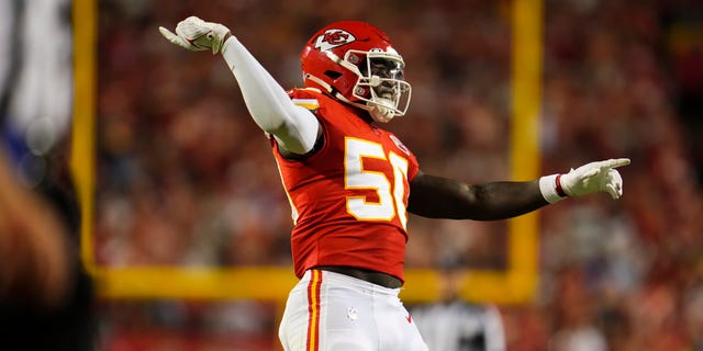 Willie Gay of the Kansas City Chiefs celebrates against the Los Angeles Chargers at GEHA Field at Arrowhead Stadium in Kansas City on Sept. 15, 2022.