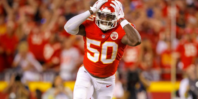 Willie Gay of the Kansas City Chiefs reacts to missing an interception during the fourth quarter against the Los Angeles Chargers at GEHA Field at Arrowhead Stadium in Kansas City on Sept. 15, 2022.