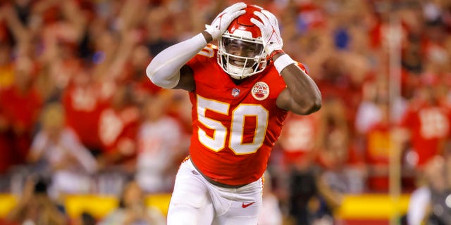 Willie Gay of the Kansas City Chiefs reacts to missing an interception during the fourth quarter against the Los Angeles Chargers at GEHA Field at Arrowhead Stadium in Kansas City on Sept. 15, 2022.