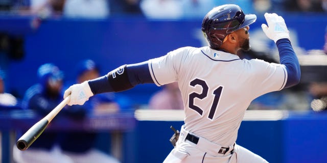 Yandy Diaz of the Tampa Bay Rays hits a home run against the Toronto Blue Jays in the second inning during a game at the Rogers Centre Sept. 15, 2022, in Toronto, Ontario, Canada.
