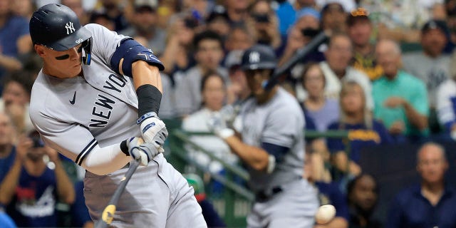 Aaron Judge of the New York Yankees at bat against the Brewers at American Family Field on Sept. 17, 2022, in Milwaukee, Wisconsin.
